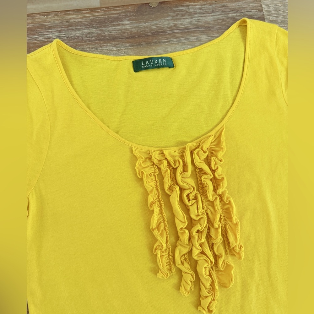 Lauren Ralph Lauren Top Womens Yellow Short Sleeve Ruffle scoop neck - Picture 3 of 4